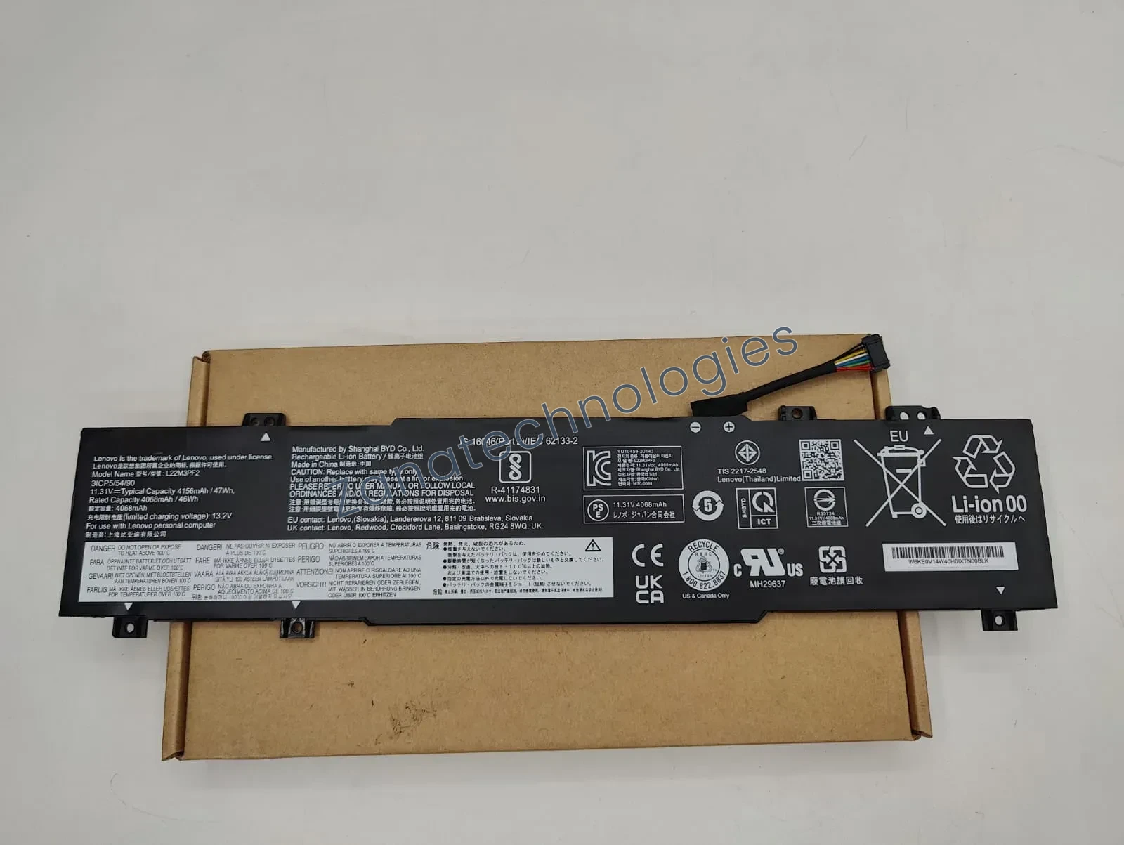 Angled view of the Lenovo L22C3PF2 Battery