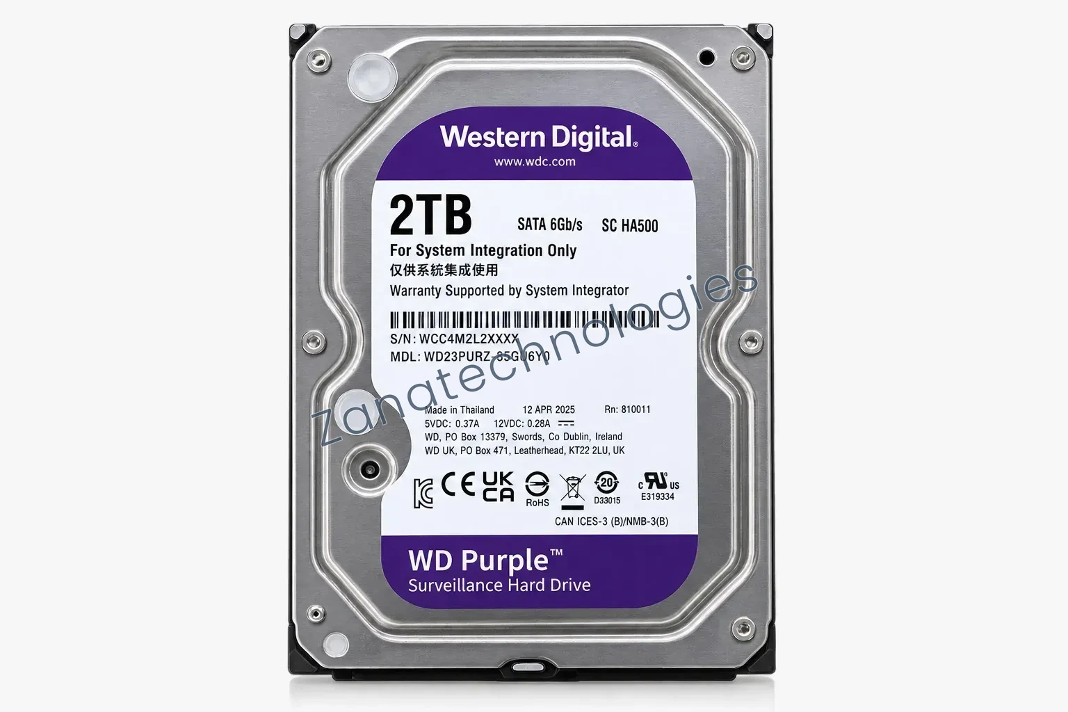 Western Digital WD Purple surveillance hard drive, angled view